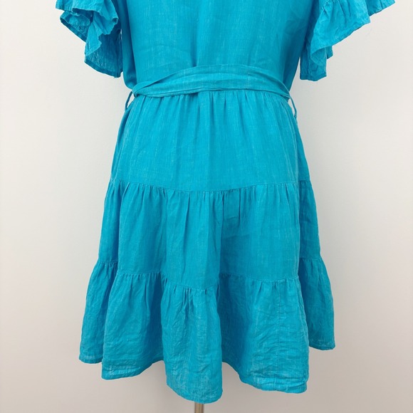 Mille Violetta Ruffle Tie Waist Mini Dress Size M Aqua Linen Tiered Short Sleeve - Picture 8 of 10